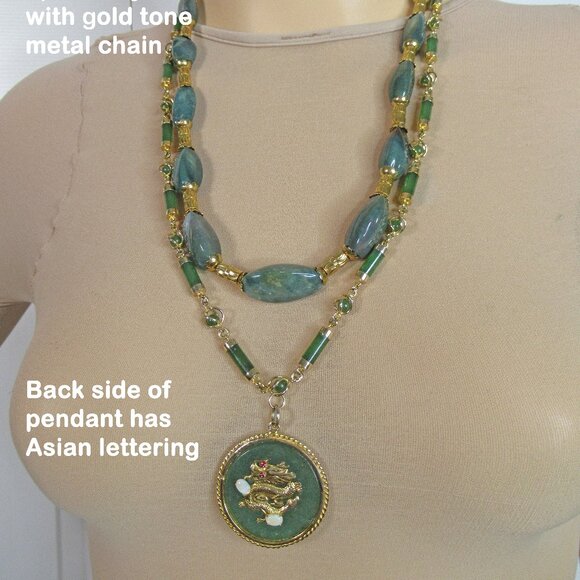VTG Asian dragon pendant, Double strand necklace, Faux jade, opal, ruby w/ gold - Picture 3 of 12